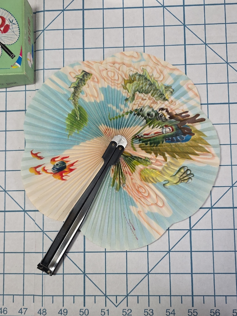 Chinese Paper Folding Hand Fan W/Metal Handle, Vintage Mid-Century, 45